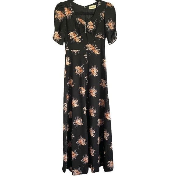 Vintage 70s Black Floral Sweetheart Neck Maxi Dress - 2-4/XS - Picture 10 of 11